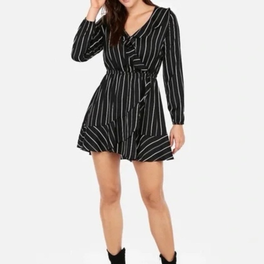 Black and White Striped Express Faux Wrap Dress